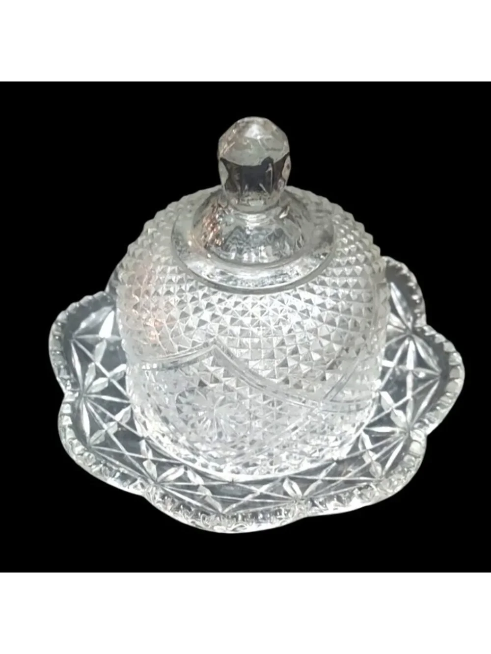 Glass Covered Butter Dish  Raised Diamond Cut Starburst Avon By Fostoria Vintage
